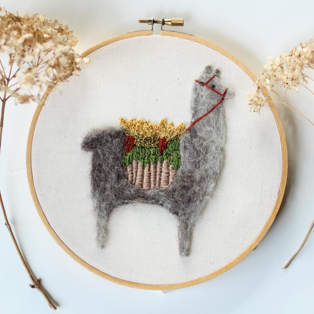 Fuzzy and Flora needle felting hoop art