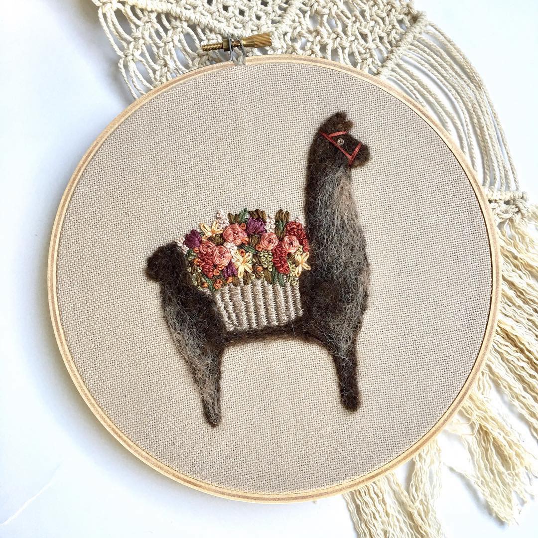 Fuzzy and Flora needle felted llamas hoop art