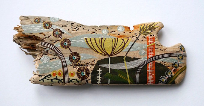 Angie Lewin collage on driftwood