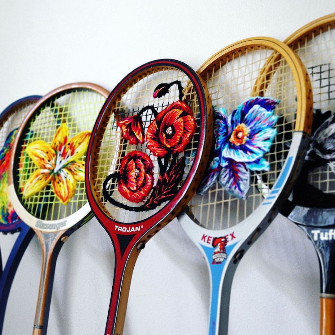 Flowers Embroidered on the Strings of Vintage Rackets and Other Thread  Artworks by Danielle Clough — Colossal