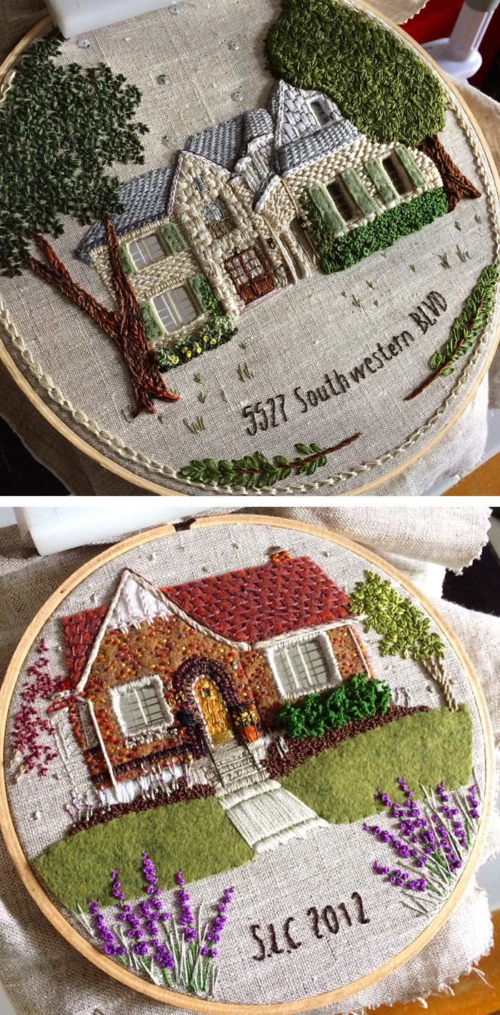 Embroidered houses by The Monster's Lounge