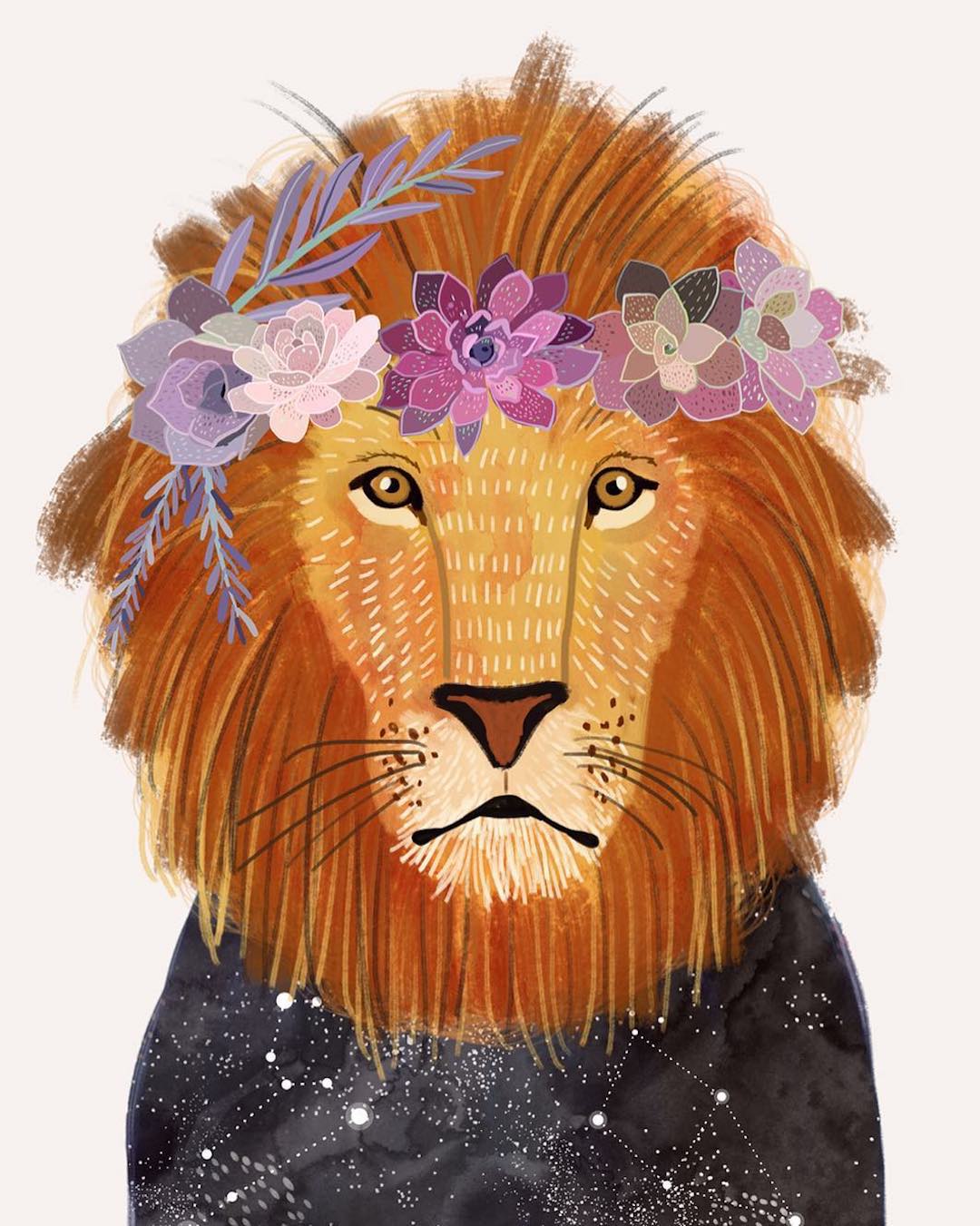 Animal wearing flower crowns illustrated by Mia Charo