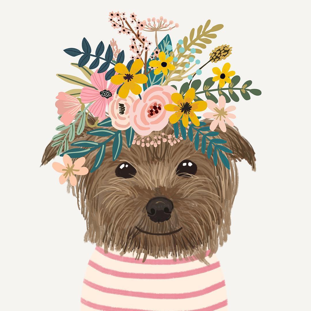 Собака с цветами на голове рисунок