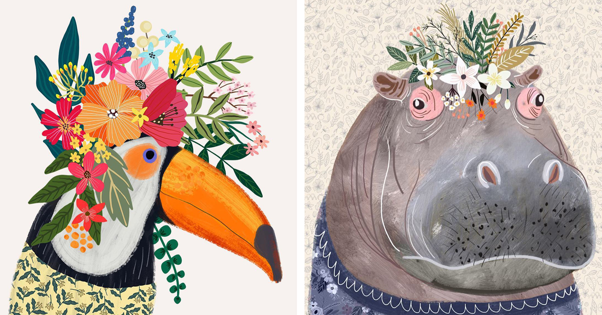 Delightful Illustrations of Animals Wearing Flower Crowns by Mia Charro