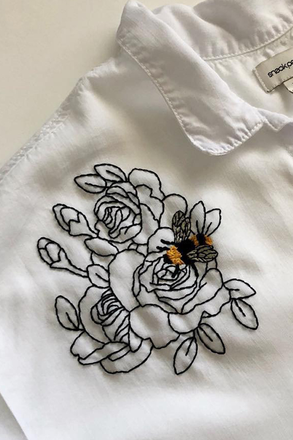 Flowers and bee hand embroidery pattern