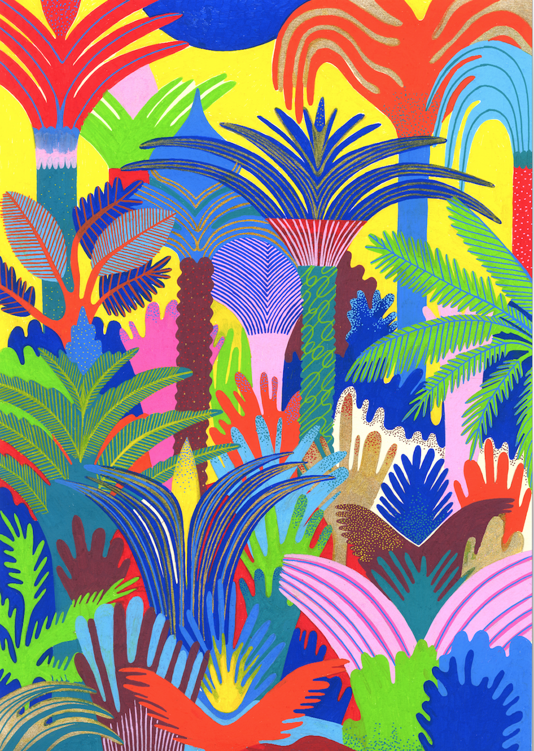 Vibrant color palette jungle illustration by Orane Sigal