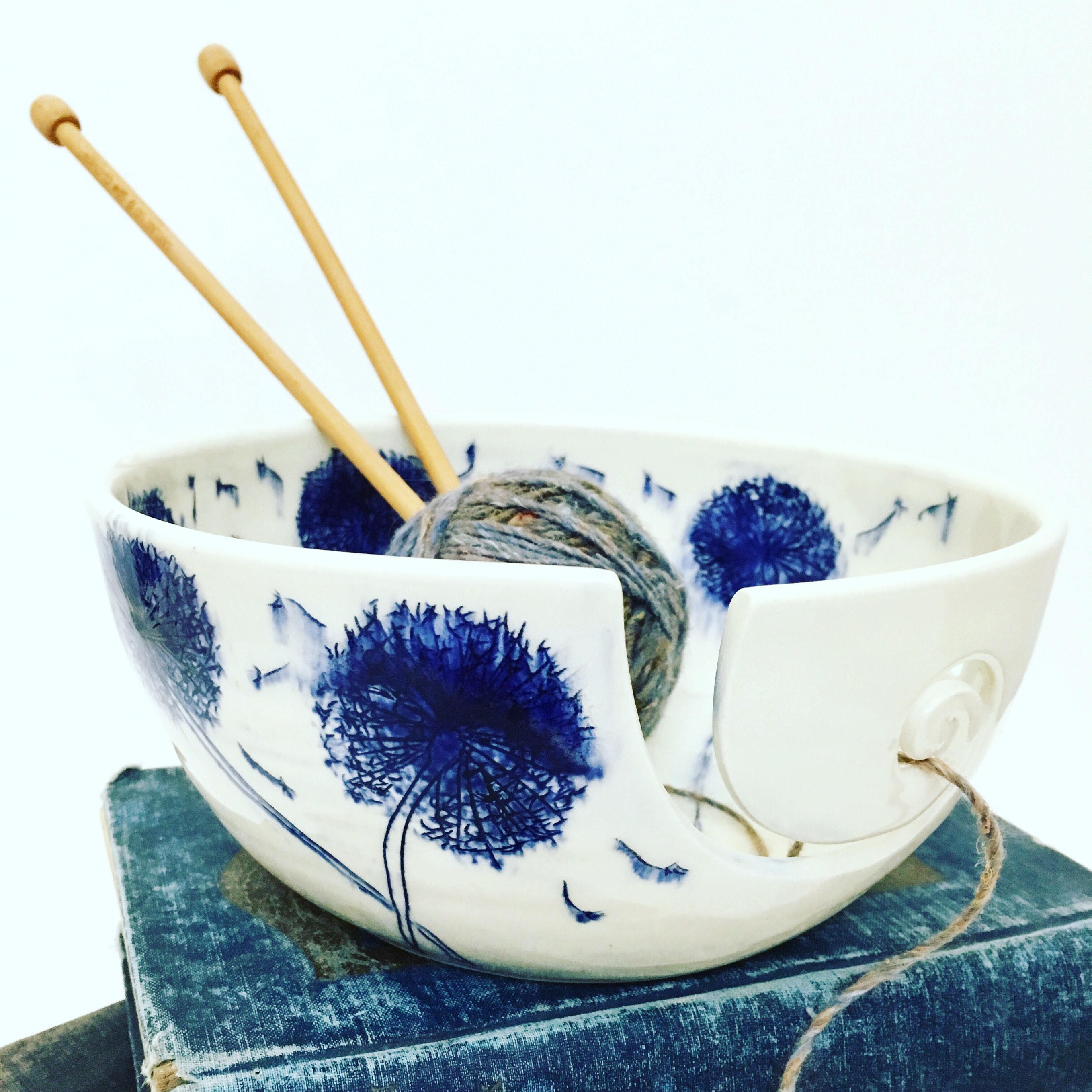 Ceramic cobalt blue dandelion yarn bowl