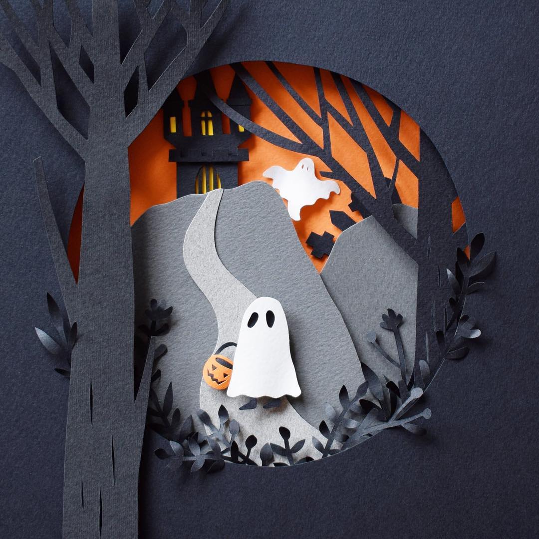 Cut paper Halloween illustration by Margaret Scrinkl