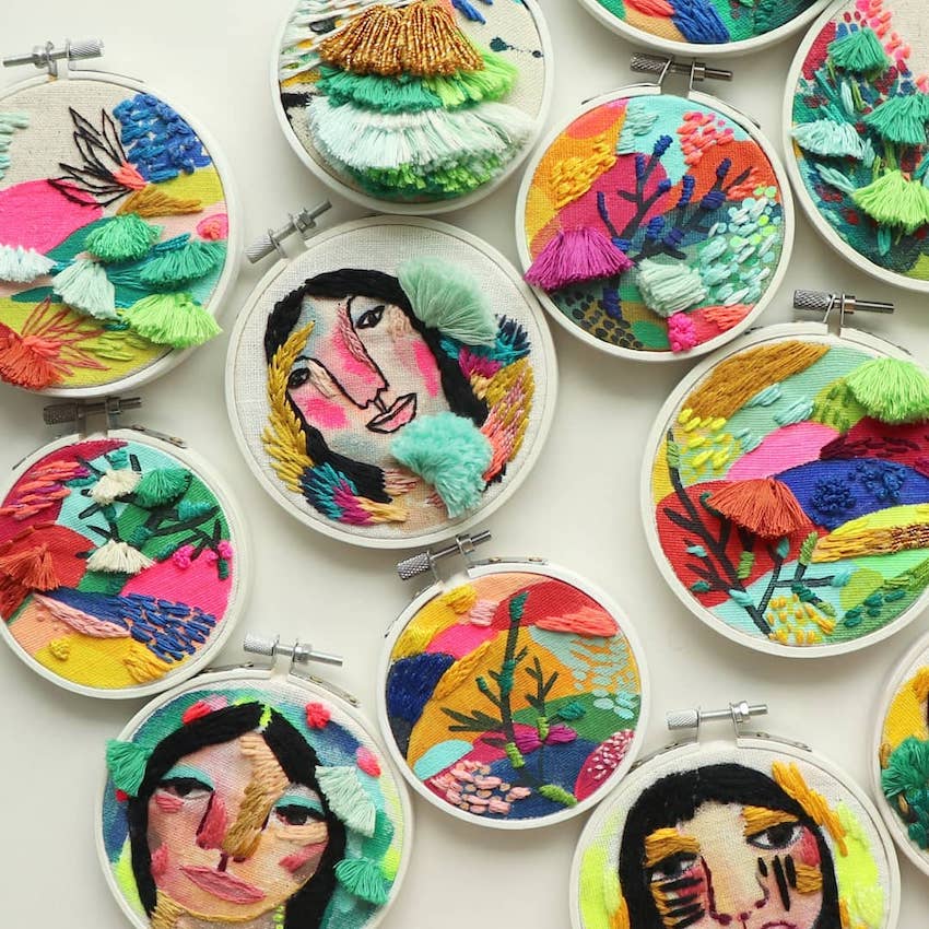 Mixed media hoop art by Katy Biele