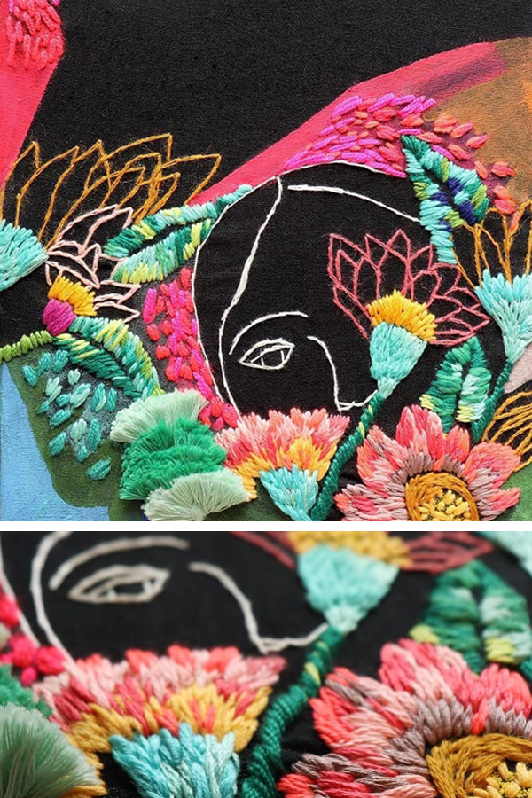 Mixed media embroidery art by Katy Biele