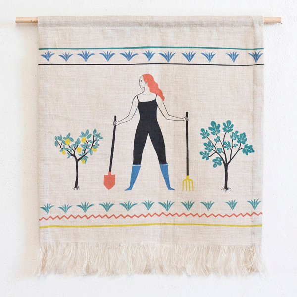 Linen wall hanging with illustration 