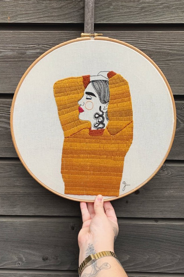 Hand-stitched embroidery portrait by Giselle Quinto