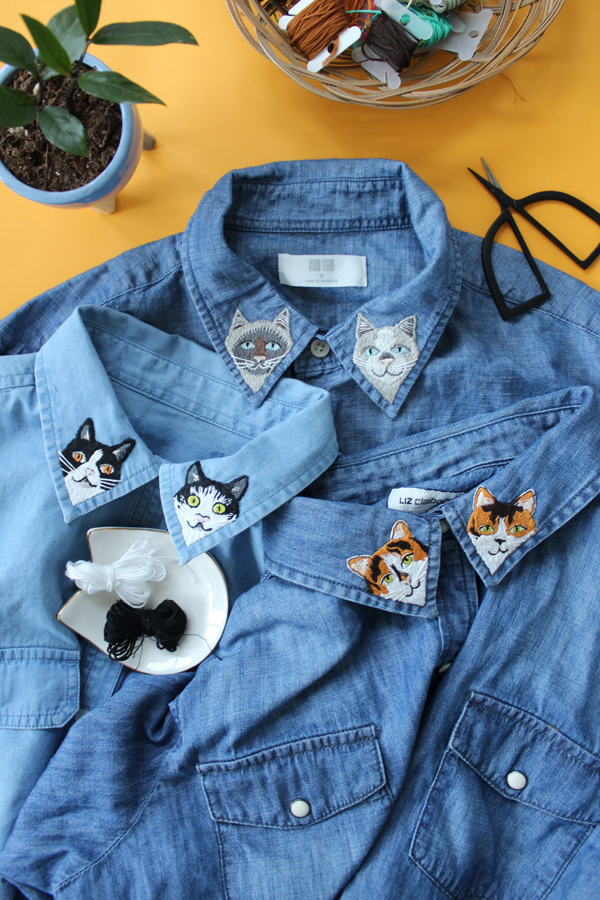 Embroidered collars with cats on them