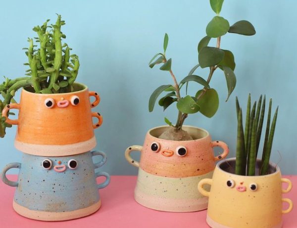 Ceramic face planters with googly eyes