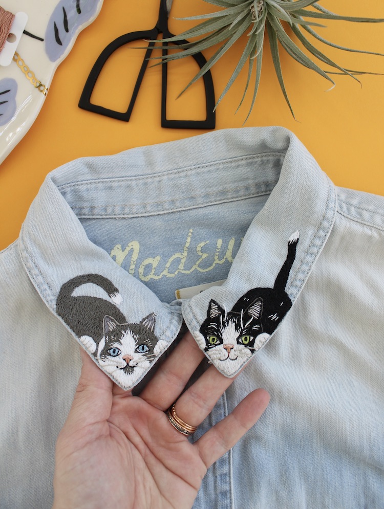 Hand embroidered cats on a collared shirt