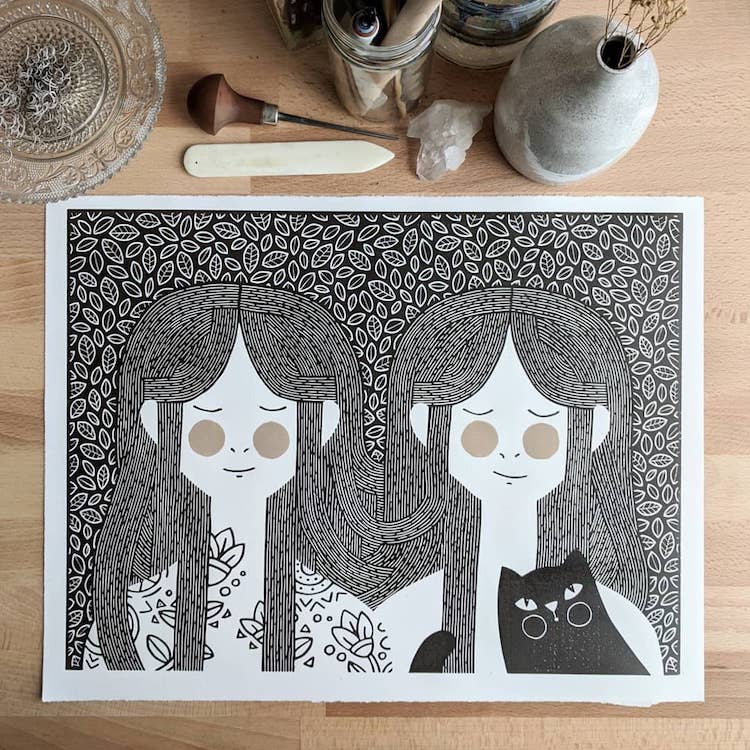 Lino cut printed illustrations by Sofie van Schadewijk