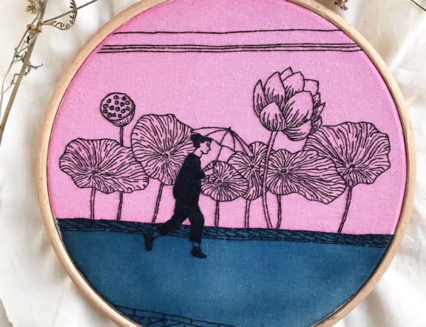 Embroidered hoop art by Fukanō Kanō