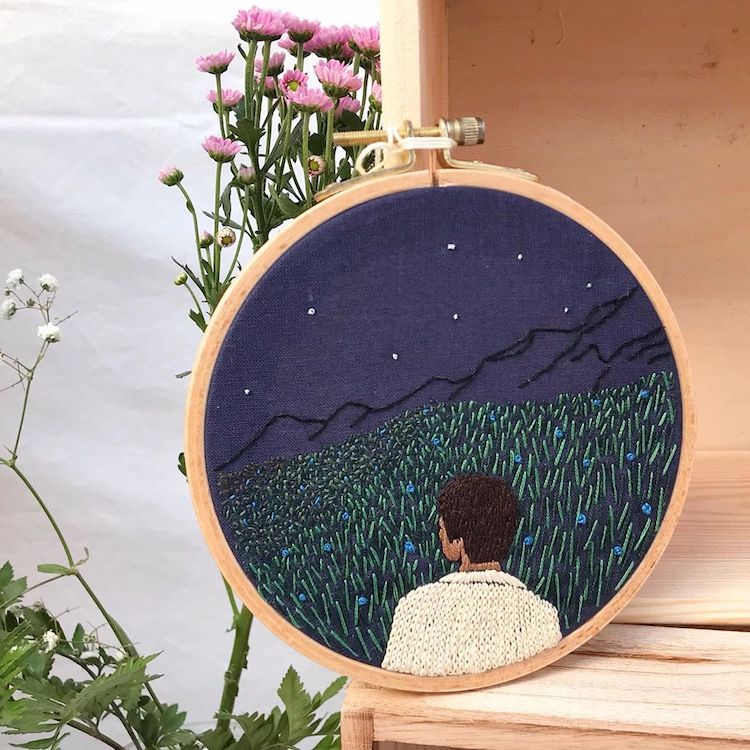 Embroidered hoop art by Fukanō Kanō