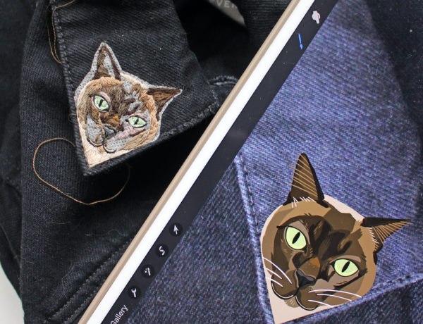 Cat embroidery accompanied by a digital sketch on an iPad