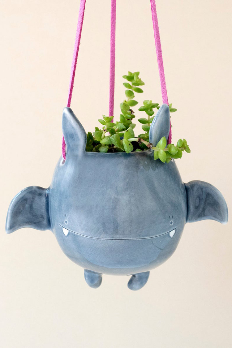 Hanging ceramic bat planter