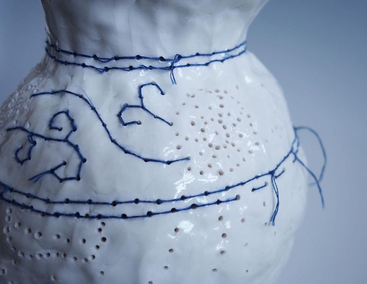 Embroidered ceramics by Caroline Harrius