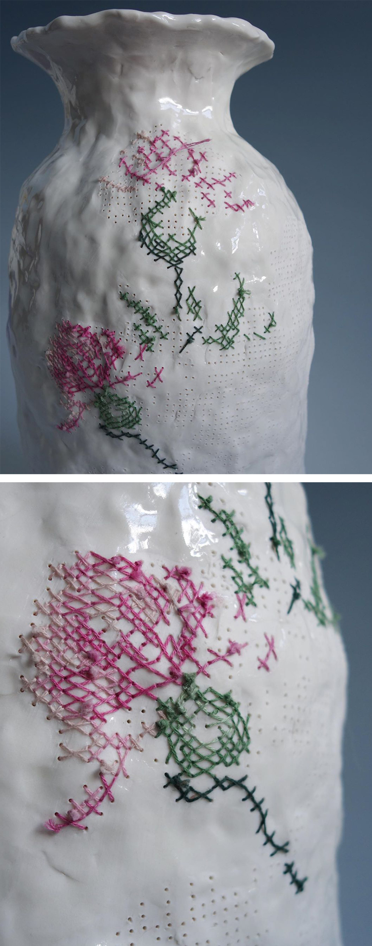 Embroidery on ceramics by Caroline Harrius