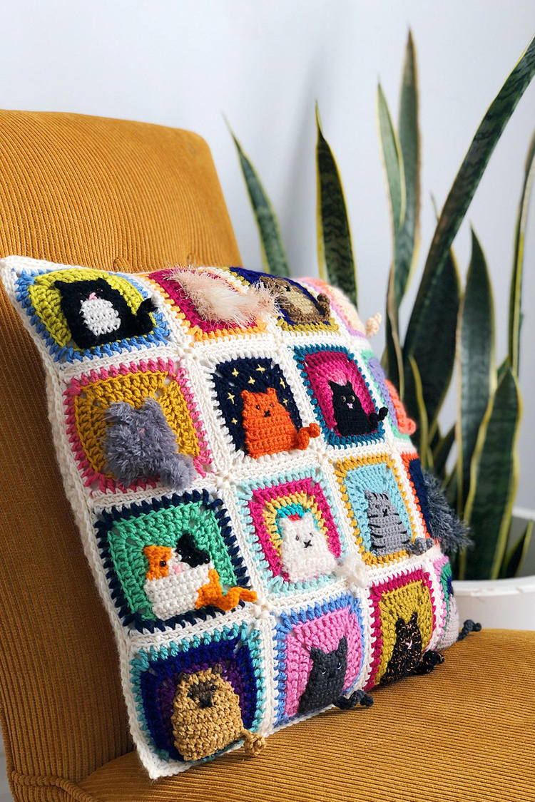 Granny squares cat pillow