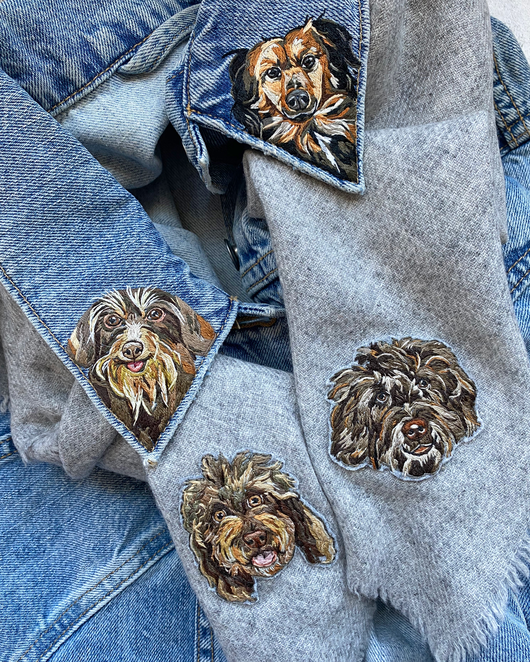 Custom dog embroidery on a jacket collar and scarf