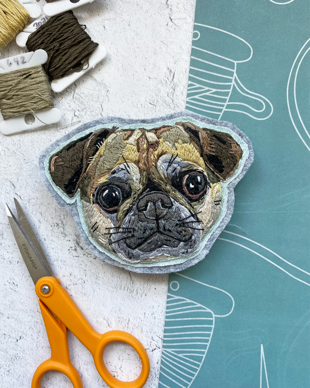 Custom pug portrait embroidery