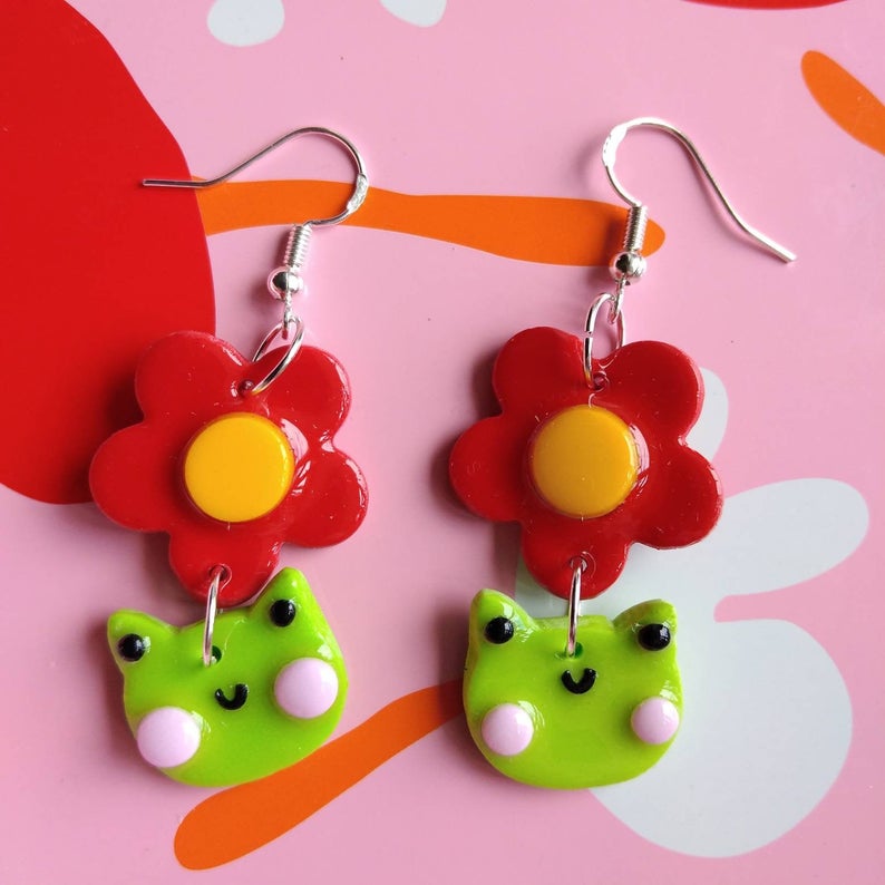 Polymer clay frog and flower earrings