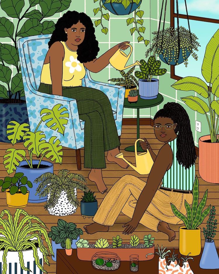 Illustration of women with plants and a watering can