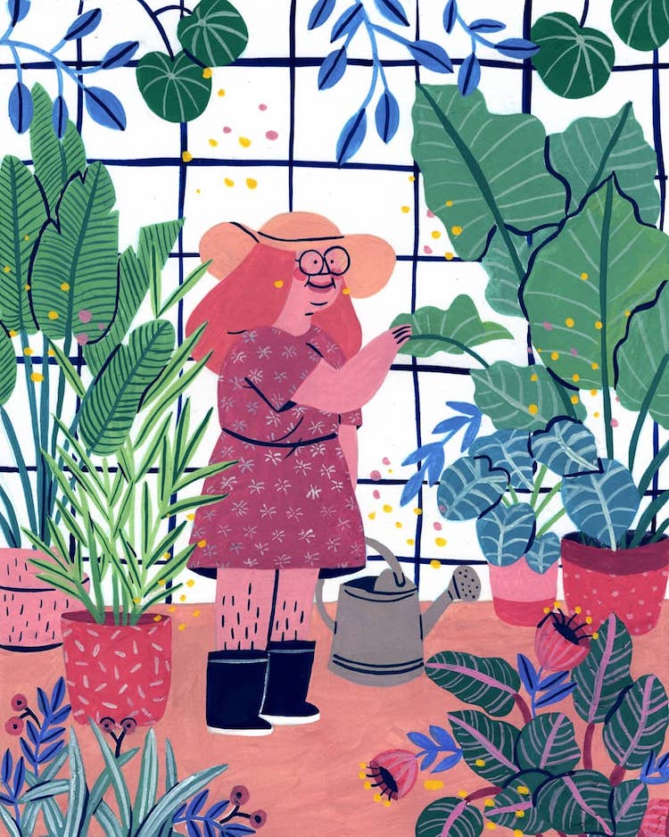 Illustration of a woman with plants and a watering can