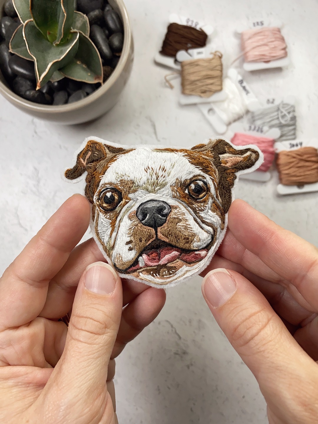 Custom embroidered pet portrait of a dog