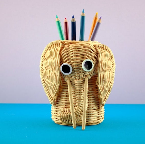 Wicker elephant pencil holder