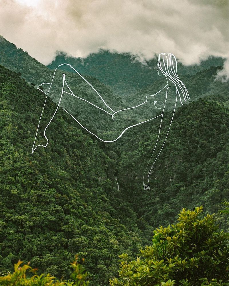 Illustrations drawn onto landscape photos by Kokeit