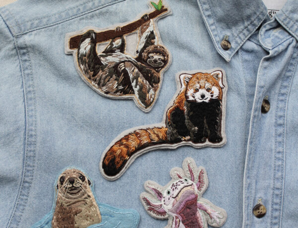 Sloth patch, red panda patch, sea lion patch, and an axolotl patch on a denim shirt