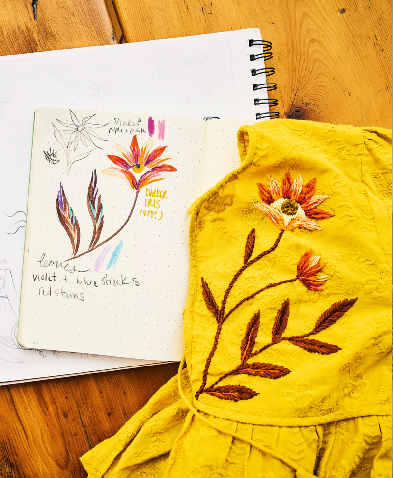 Yellow dress with flower embroidery on it sitting next to a sketch of the same flower