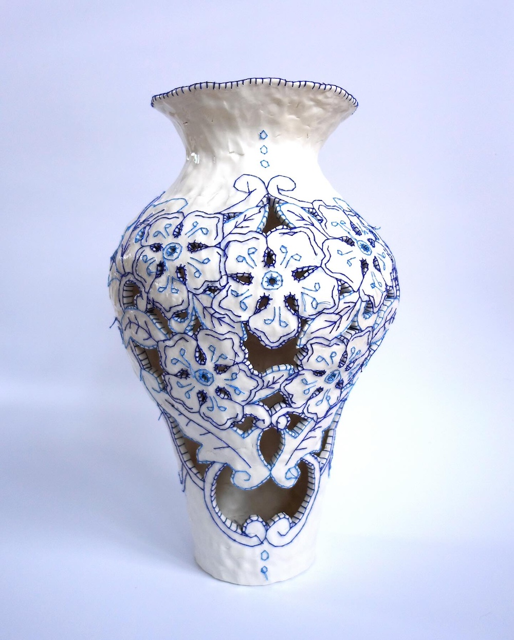 Embroidery on ceramic vase by Caroline Harrius