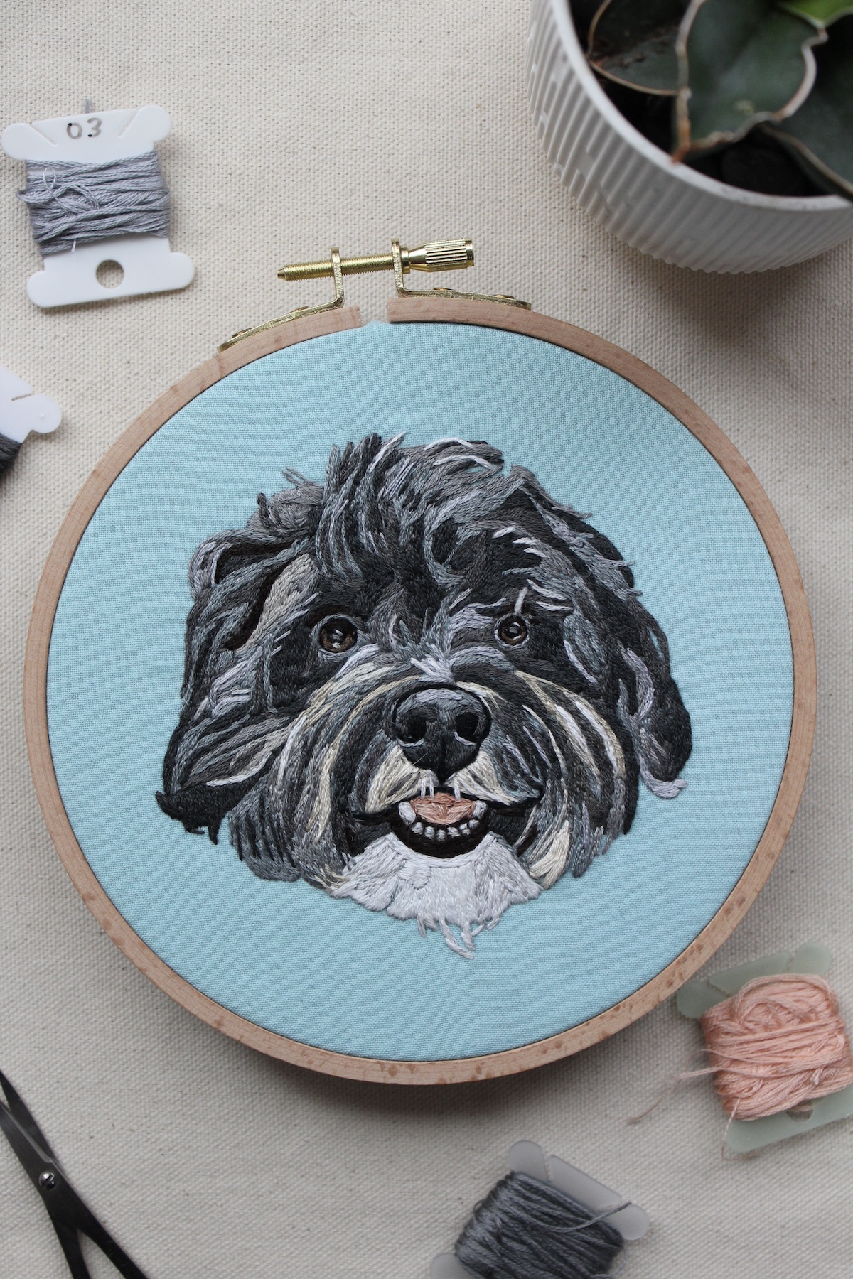 Embroidered pet portrait by Sara Barnes of Bear&Bean