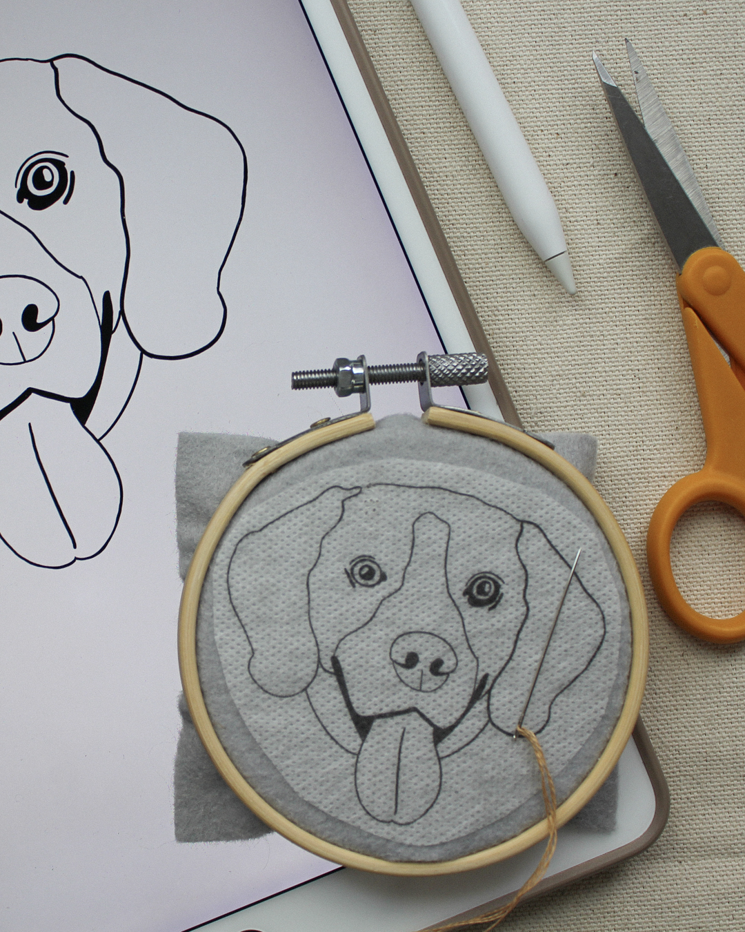 Embroidered pet portrait by Sara Barnes of Bear&Bean