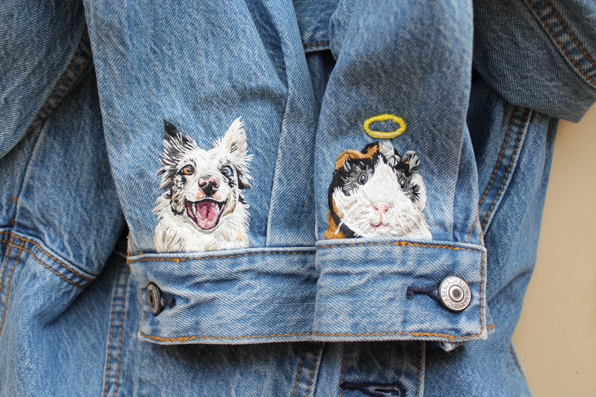 Pet portrait embroideries on sleeves, illustrated and embroidered by Sara Barnes of Bear&Bean