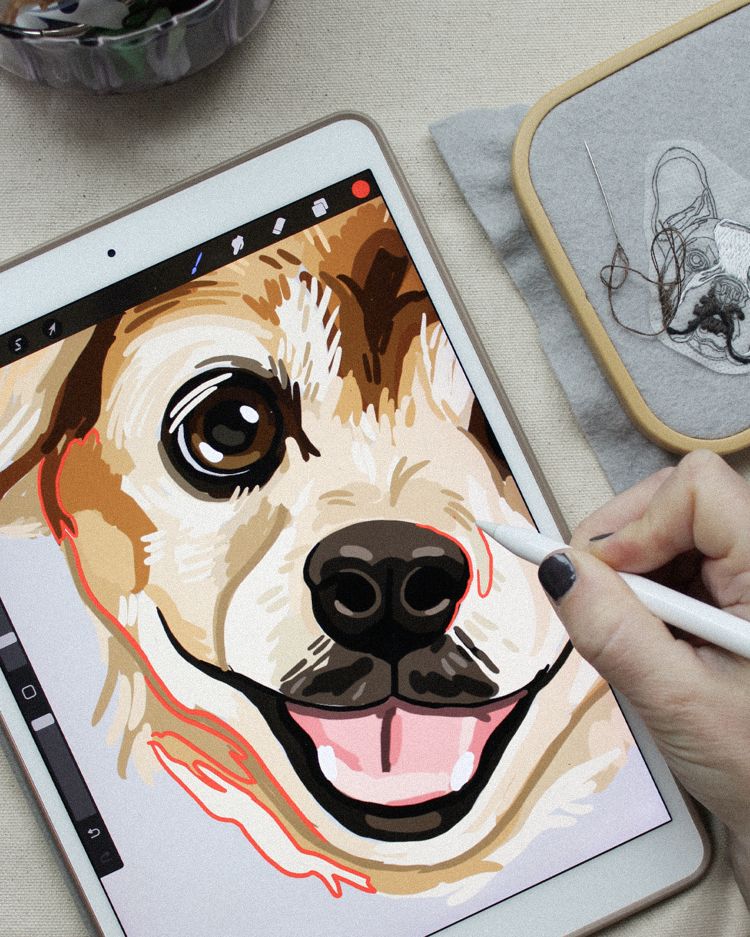 Working on a custom pet potrait on an iPad using an Apple Pencil and Procreate